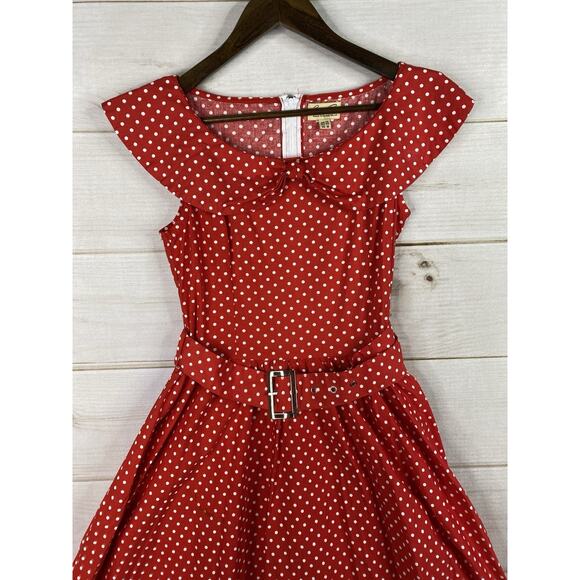 Lindy Bop Dress Sz M Red Polka Dot Retro 50's Swing Belted Whimsy Pin Up Girl - Picture 2 of 9